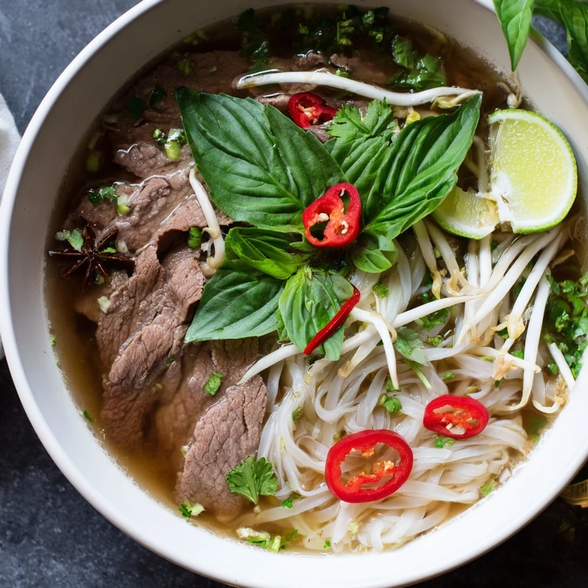 Steaming bowl of Vietnamese Pho Express, featuring tender beef and fragrant broth with fresh herbs.