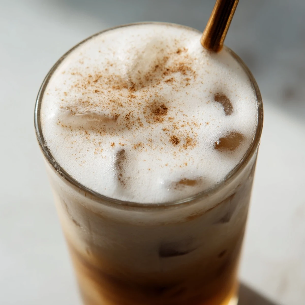 Clear glass filled with iced chai tea layered under a thick, creamy cold foam topping, garnished with a dusting of cinnamon.  