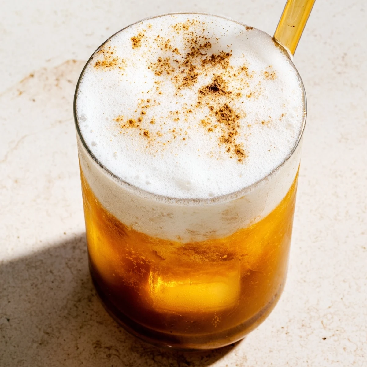 Homemade iced chai tea with cold foam, perfect for warm afternoons, served in a chilled glass.