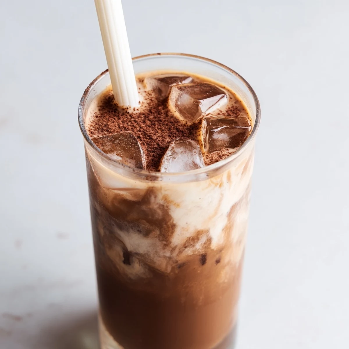 Decadent chocolatey Milo ice latte, topped with a sprinkle of Milo powder and served with a straw for quick, easy sipping.