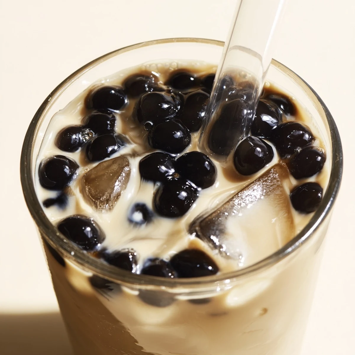 Overhead view of two glasses filled with creamy Boba Tea Hack and chewy tapioca pearls, ice clinking, ready to sip.