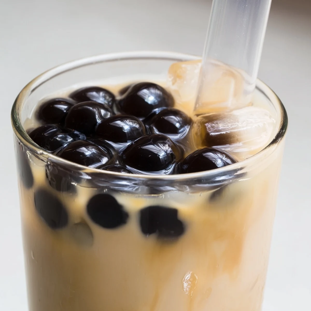 A close-up of a tall glass of Boba Tea Hack, rich brown tea, and sweetened condensed milk swirls.