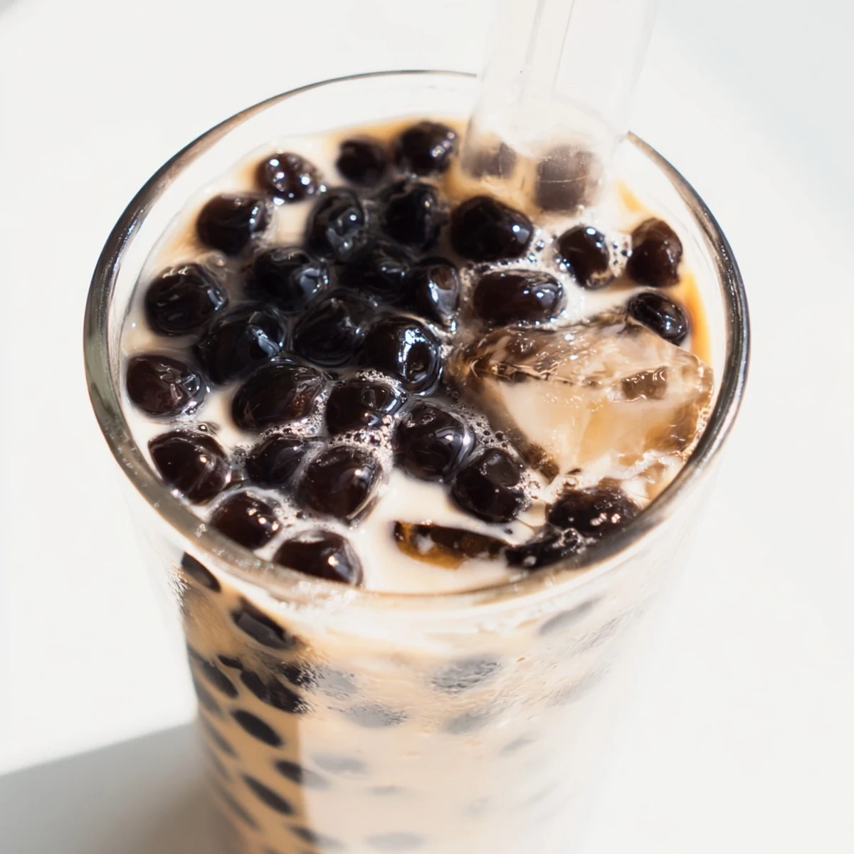 Straw dipping into a glass of Boba Tea Hack, showcasing the dark pearls and creamy, chilled milk tea.