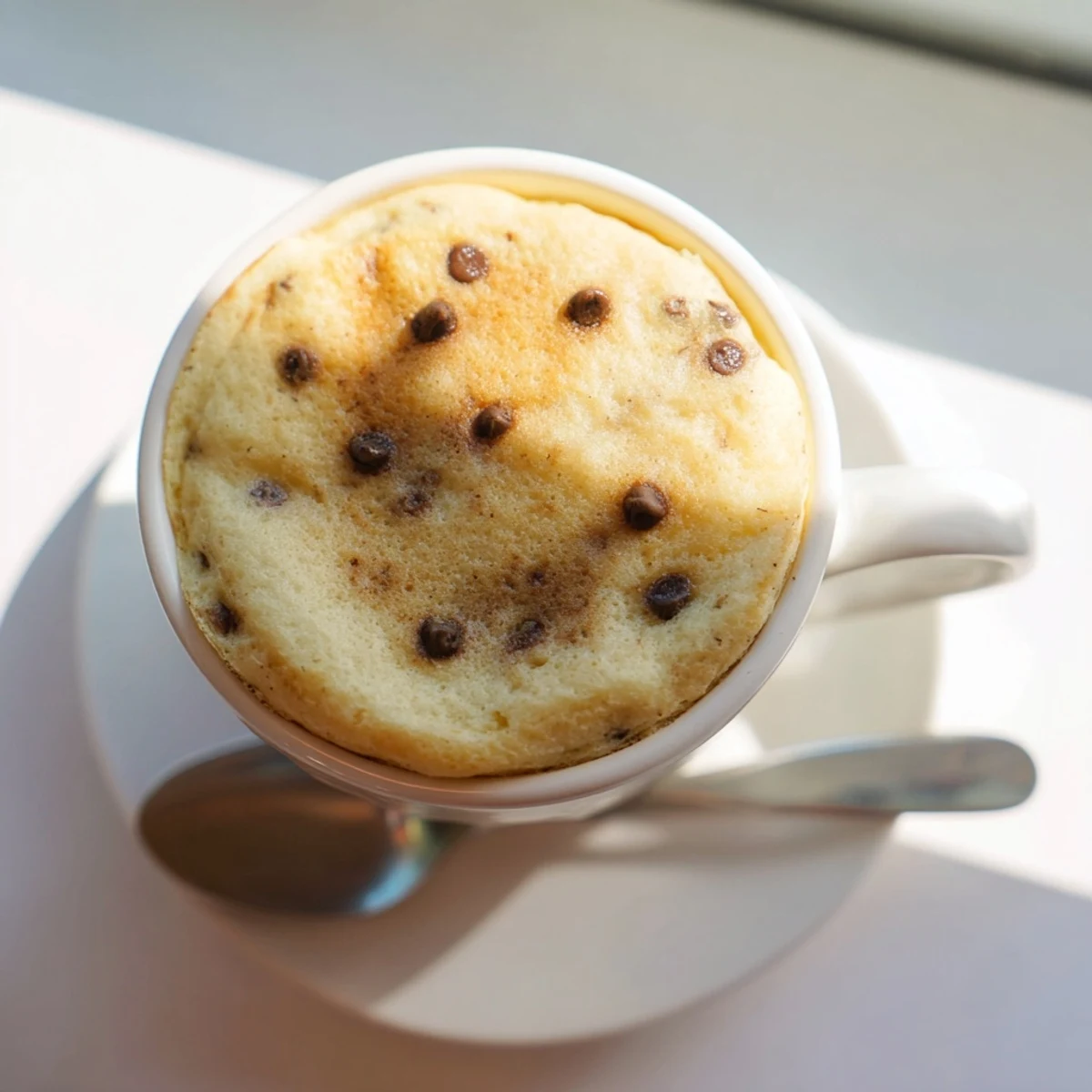 Golden-brown Microwave Mug Pancakes sit steaming in a mug, topped with melting butter and a dusting of powdered sugar for a quick treat.
