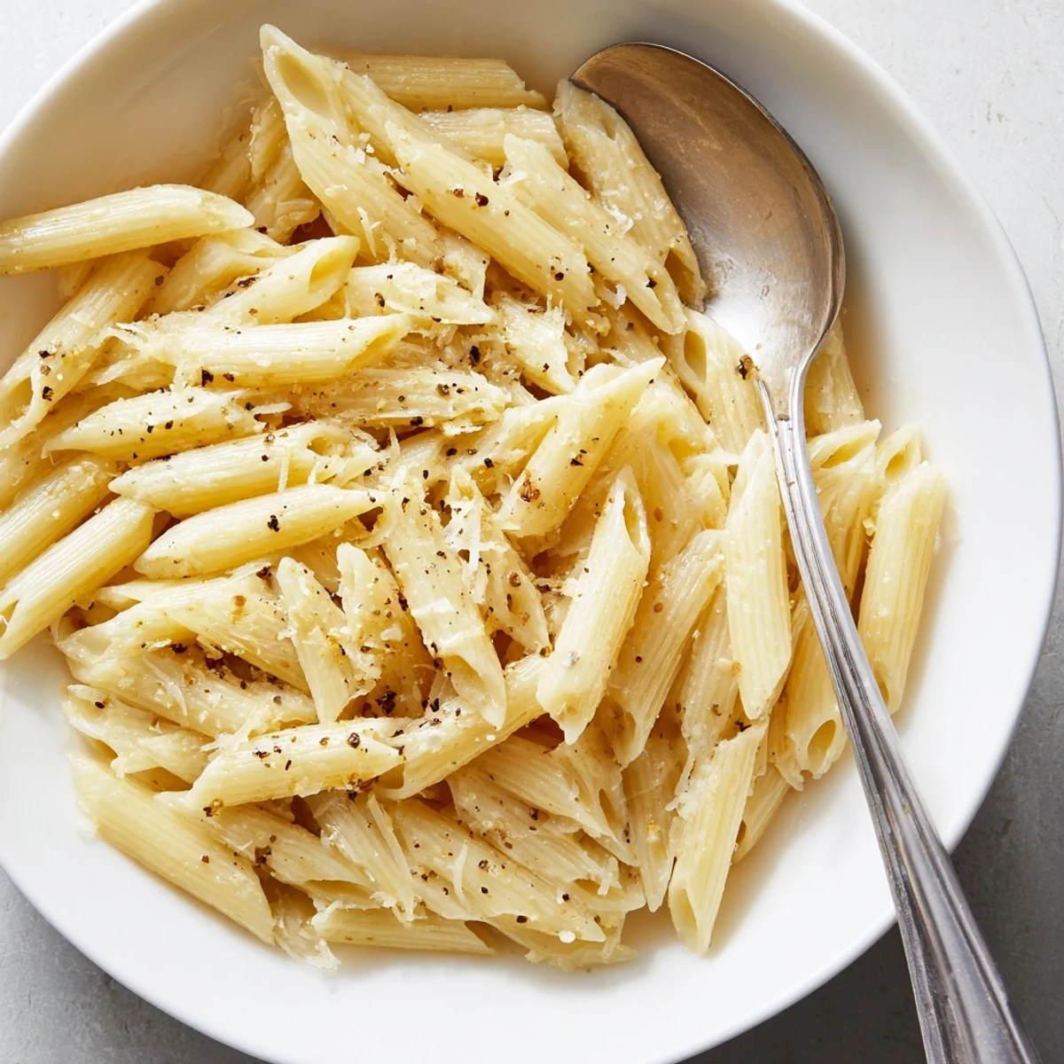 A bowl of perfectly cooked pasta coated in olive oil and black pepper, garnished with fresh herbs for a flavorful vegetarian main dish.