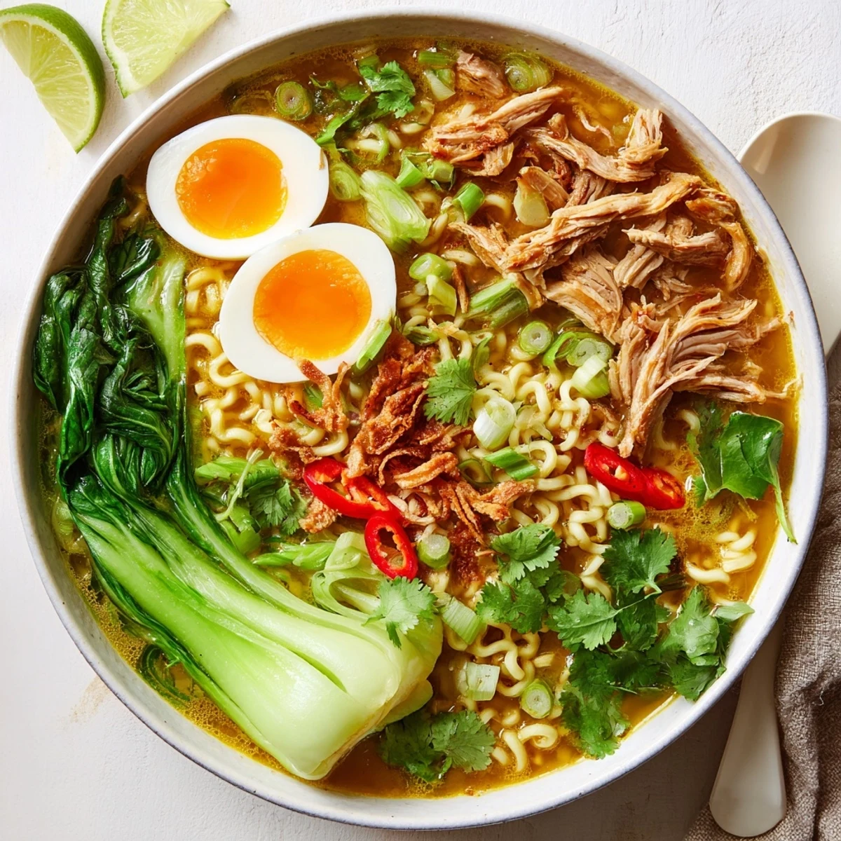 A steaming bowl of Thai Miso Ramen, garnished with soft-boiled eggs, bok choy, crispy shallots, and fresh cilantro.