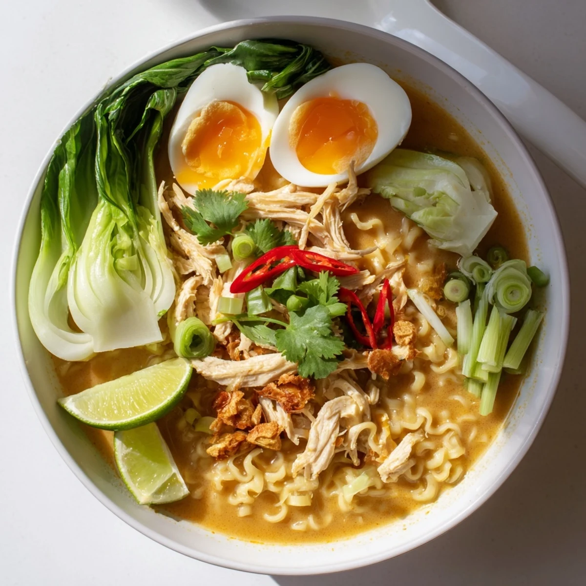 Close-up of Thai Miso Ramen featuring tender chicken, bright bok choy, and golden crispy shallots for a comforting meal.