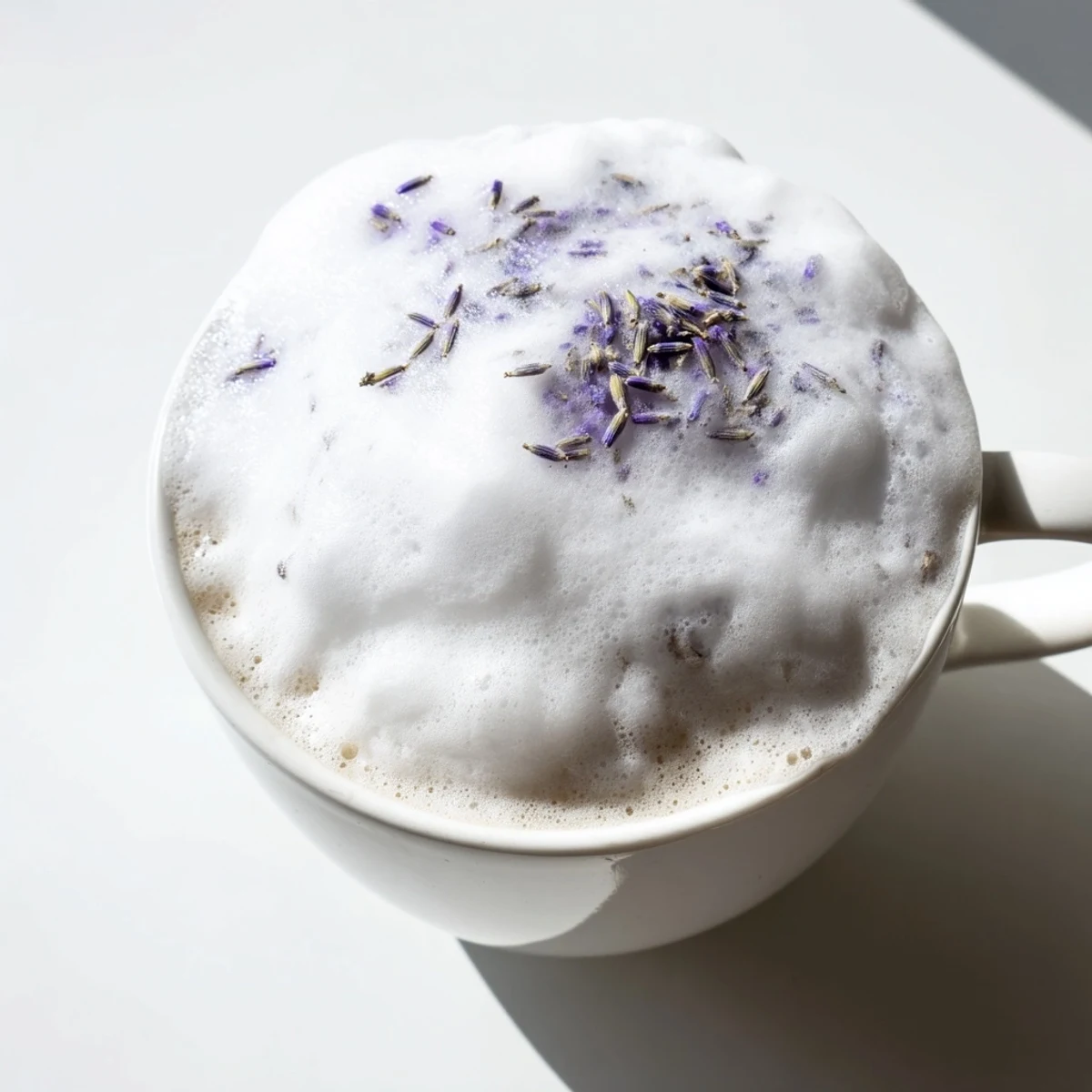 Steamed milk swirls into espresso in a mug, topped with a cloud of whipped lavender foam for a fragrant latte.