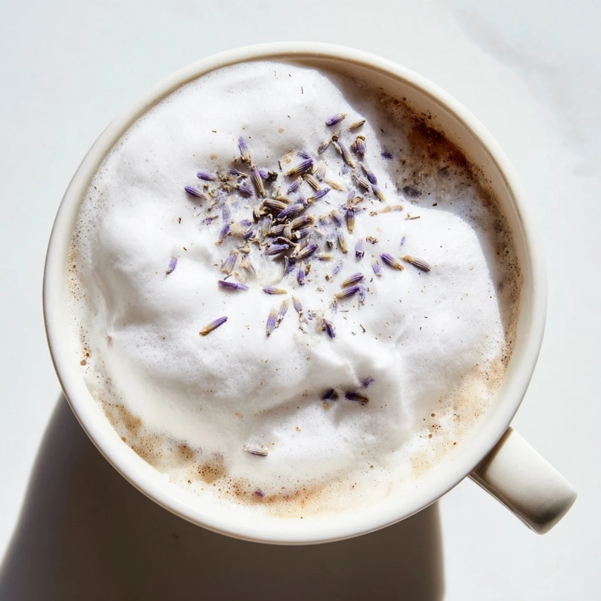 A close-up of the Whipped Lavender Latte reveals its fluffy purple-tinged foam and creamy coffee base.