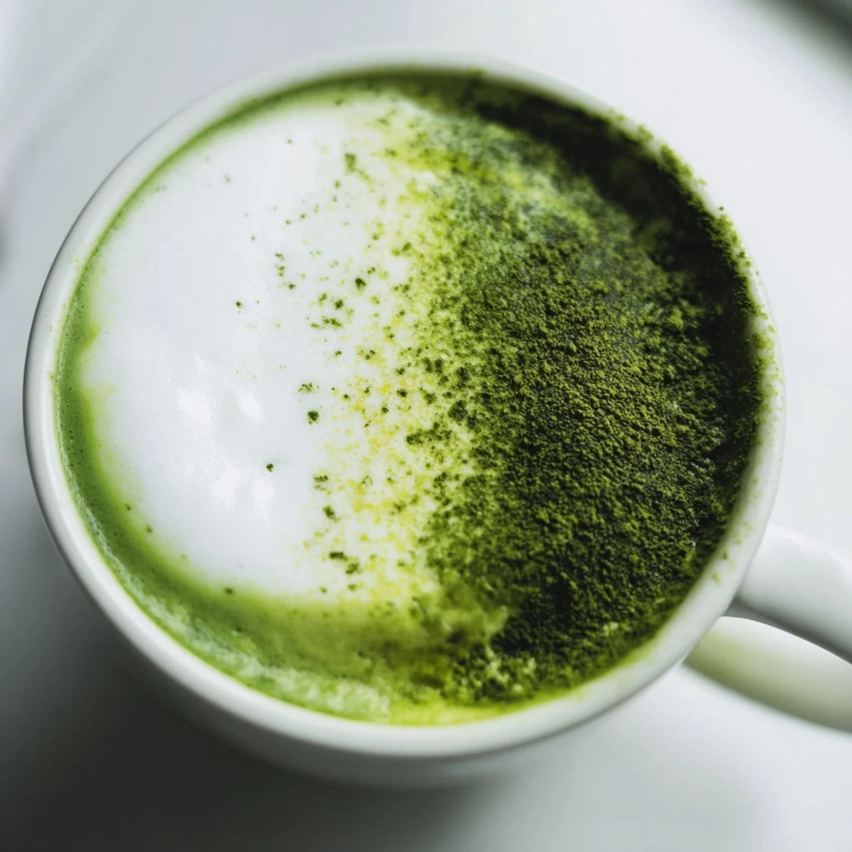 A close-up of a vibrant matcha green tea latte with a creamy, pale green layer of foam atop steamed milk in a clear glass mug, a bamboo whisk resting beside it on a marble counter.  