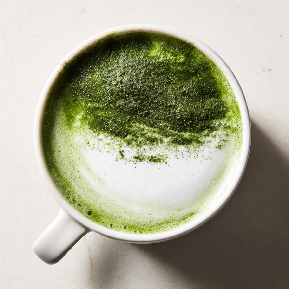 Smooth matcha green tea latte served in a cozy café setting, the steamed milk swirling gently with a sprinkle of matcha powder on the frothy top.  