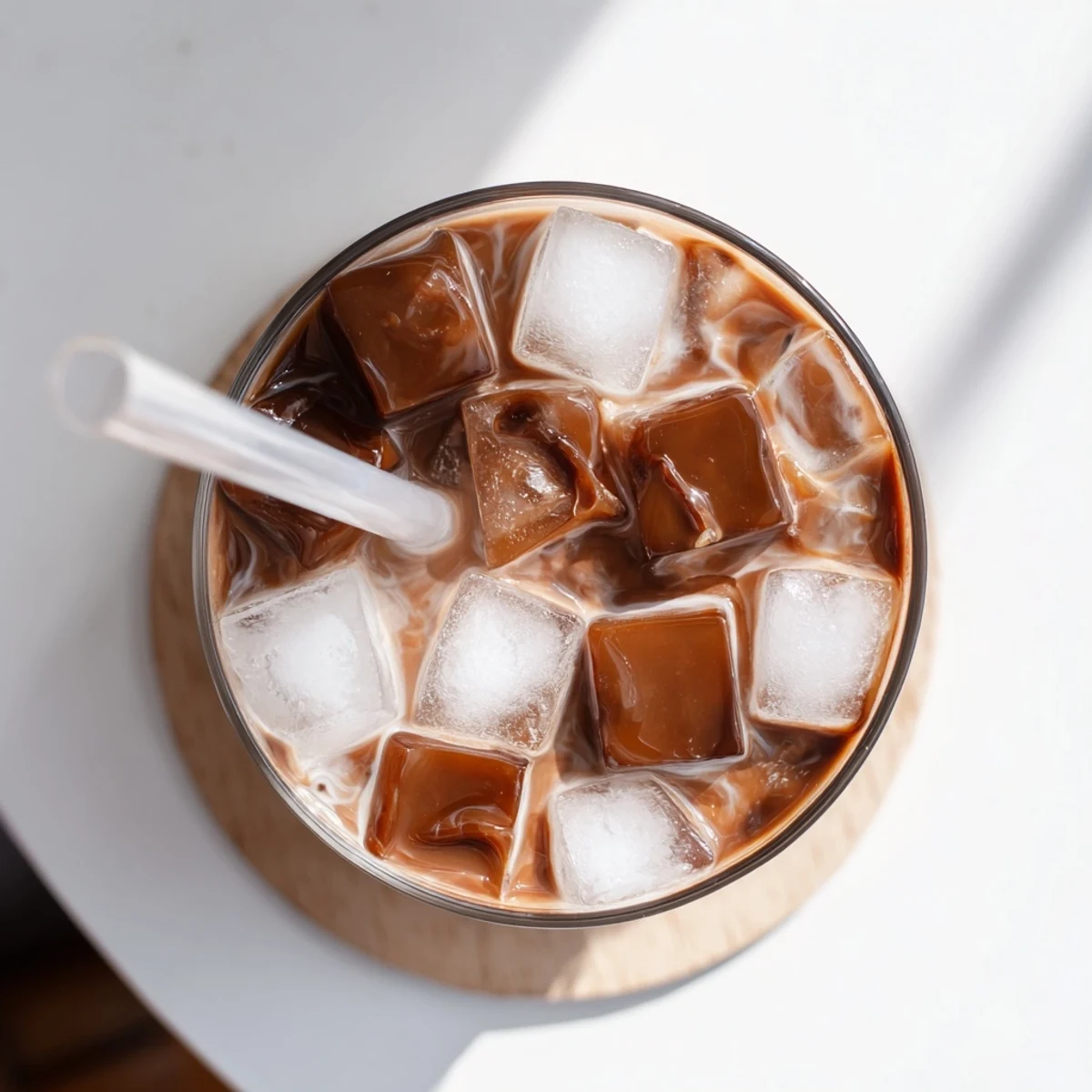 Cubes of homemade coffee jelly glisten in a glass, swimming in a creamy milk blend with ice and a wide straw ready to sip.