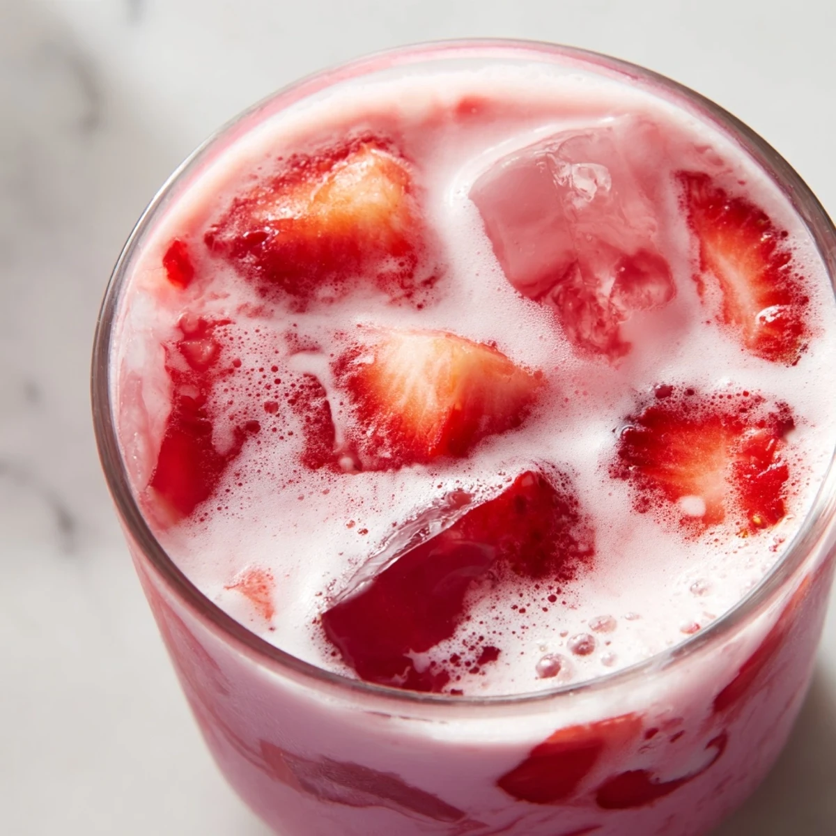 Two tall glasses of vibrant pink Refresher Copycat Pink Drink filled with ice, garnished with fresh strawberry slices and a mint leaf.