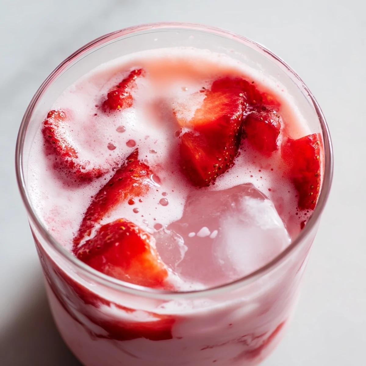 Homemade Refresher Copycat Pink Drink poured over ice, showing a creamy pink hue and garnished with fresh strawberries in a clear glass.