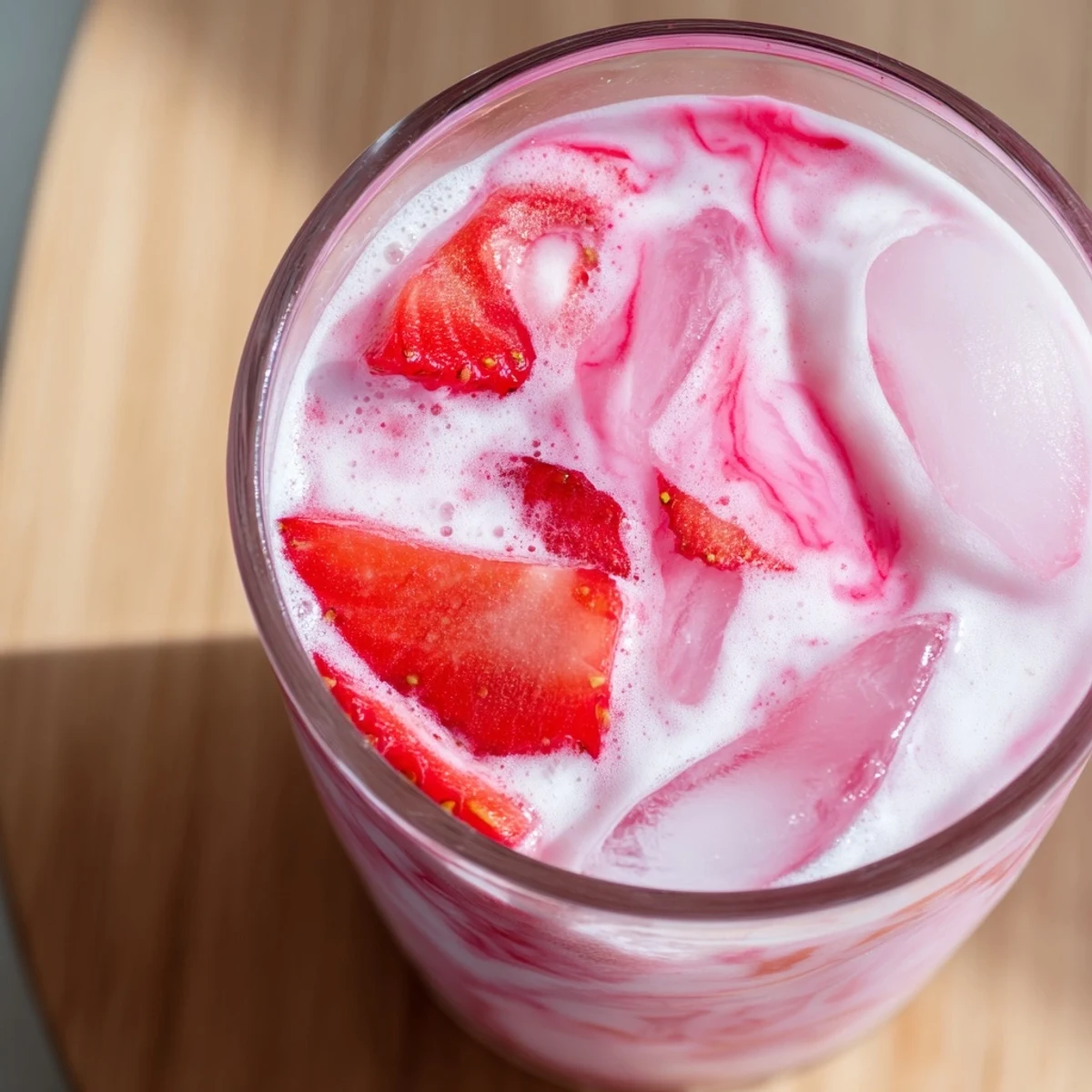A refreshing glass of Refresher Copycat Pink Drink featuring creamy coconut milk, strawberry syrup, and ice cubes for a tropical treat.