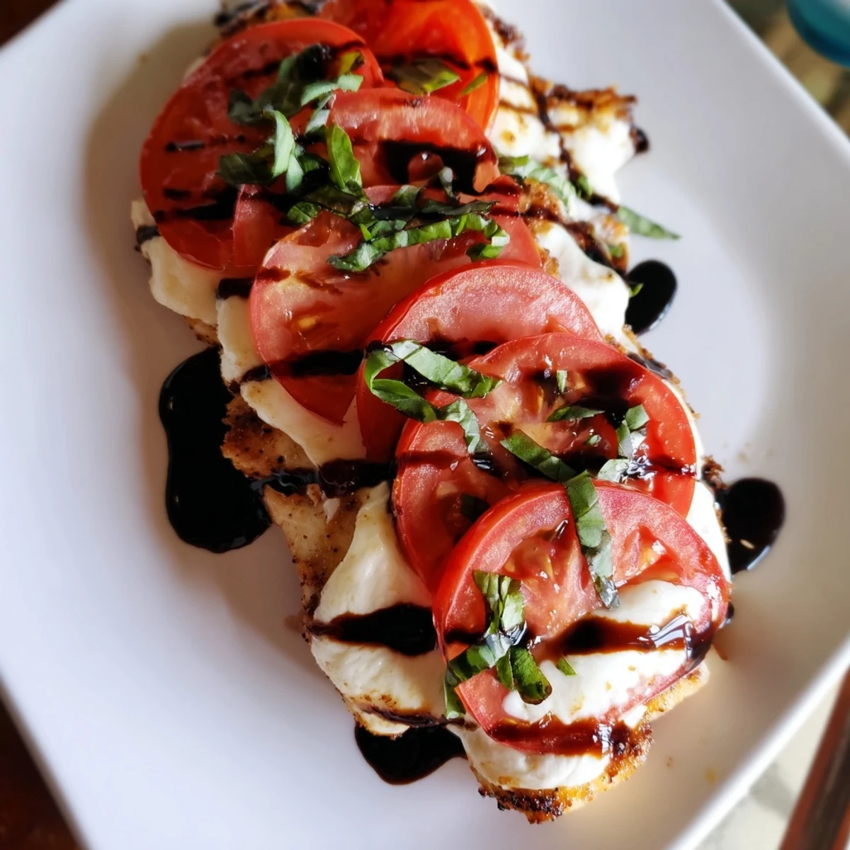Sizzling Caprese Chicken Skillet topped with ripe tomatoes, creamy mozzarella, and a glossy balsamic drizzle.