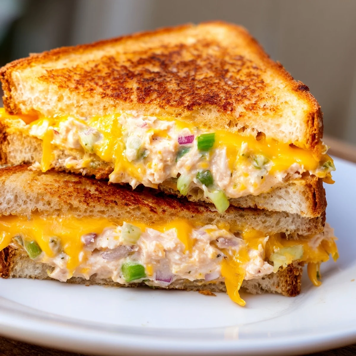 The finished Spicy Tuna Melt on a plate, featuring golden sourdough bread oozing with melted cheddar cheese and a visible layer of red onion and tuna salad.