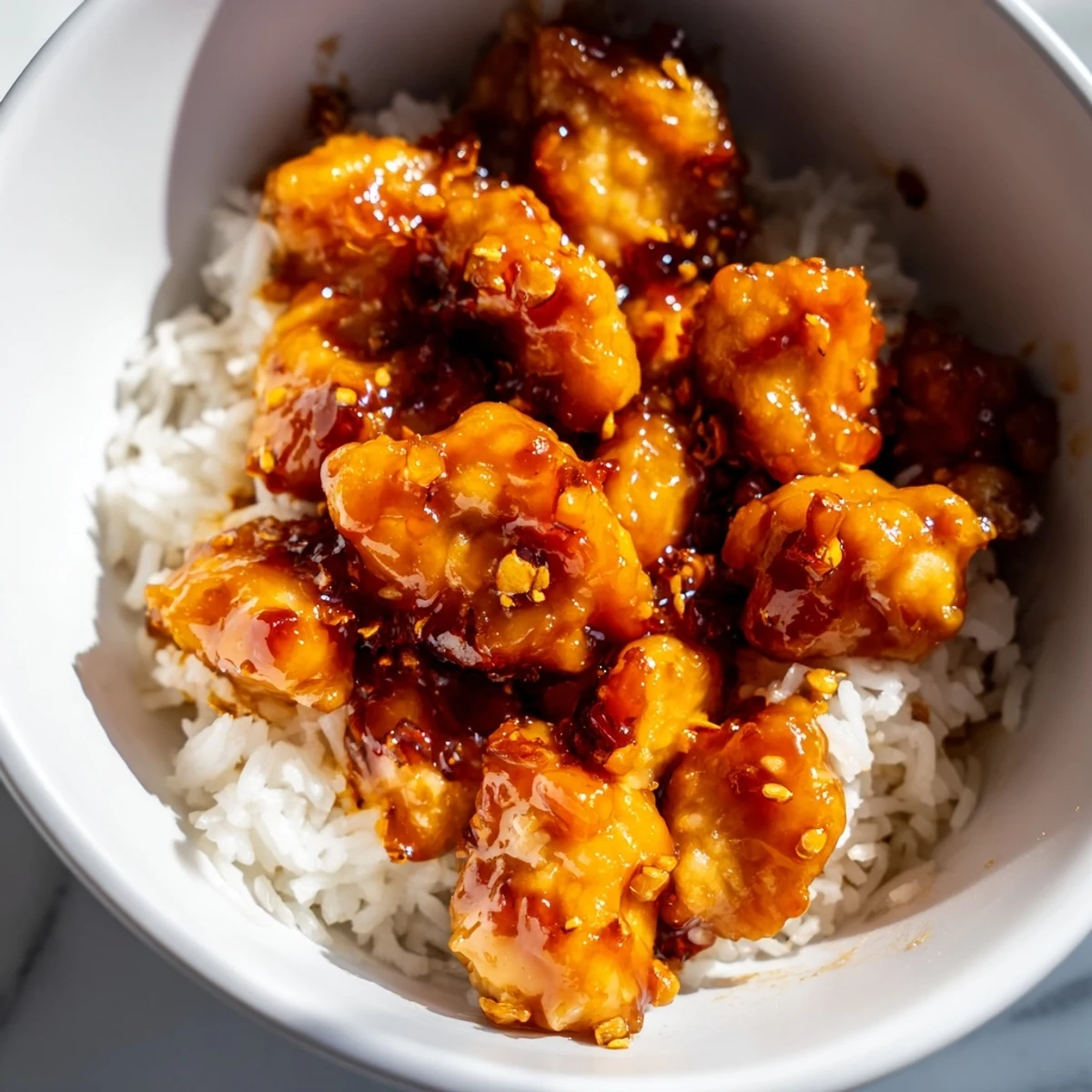 A close-up of Sweet Chili Chicken Bowl showing glossy sauce coating chicken, bright green broccoli, and white rice in a ceramic bowl.