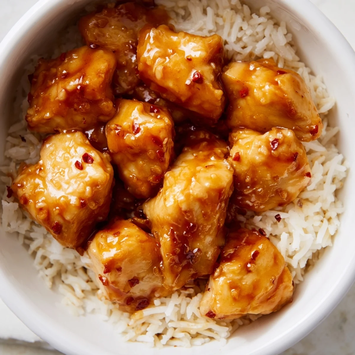 Sweet Chili Chicken Bowl features tender chicken glazed in a sticky, tangy sauce served over fluffy rice with steamed broccoli.