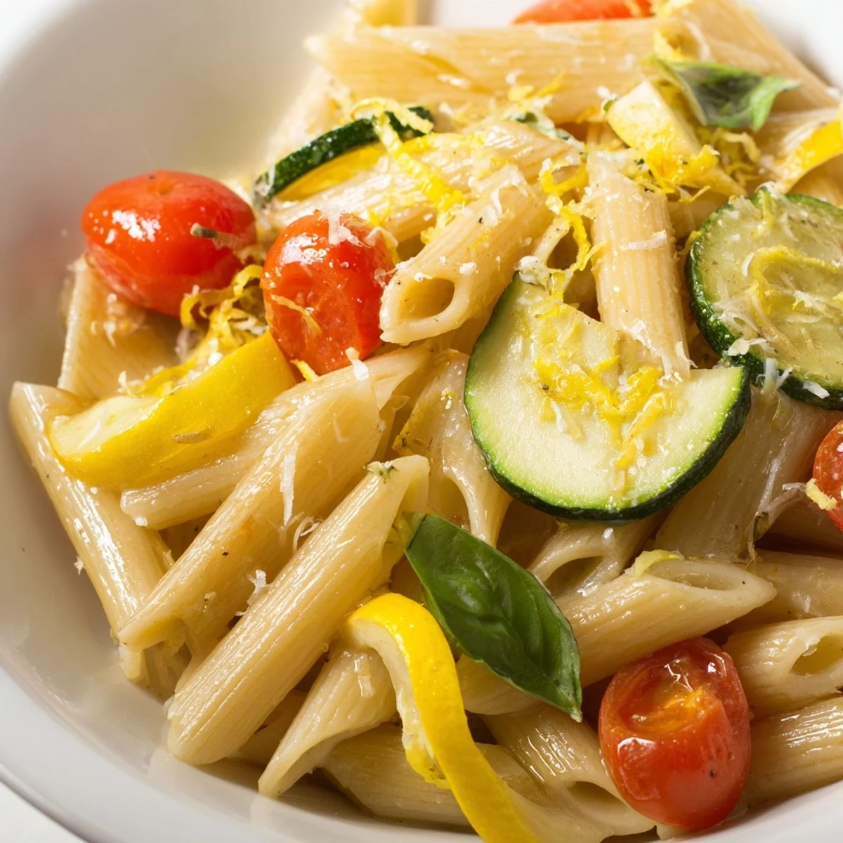 Vibrant Garden Veggie Pasta with zucchini, yellow squash, and juicy tomatoes tossed in olive oil and fresh basil.