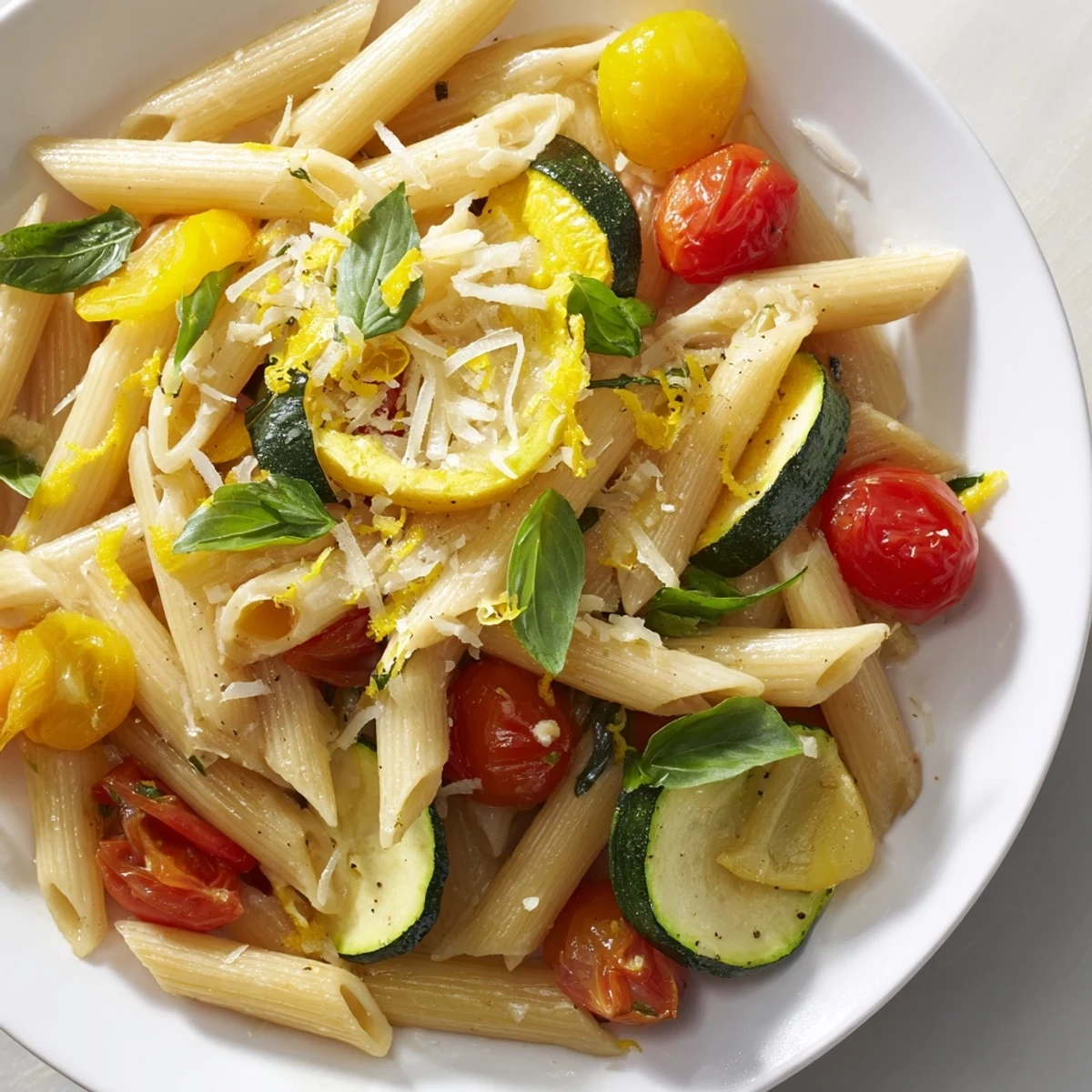 Steaming Garden Veggie Pasta in a white bowl, garnished with Parmesan and lemon zest, ready for a summer meal.