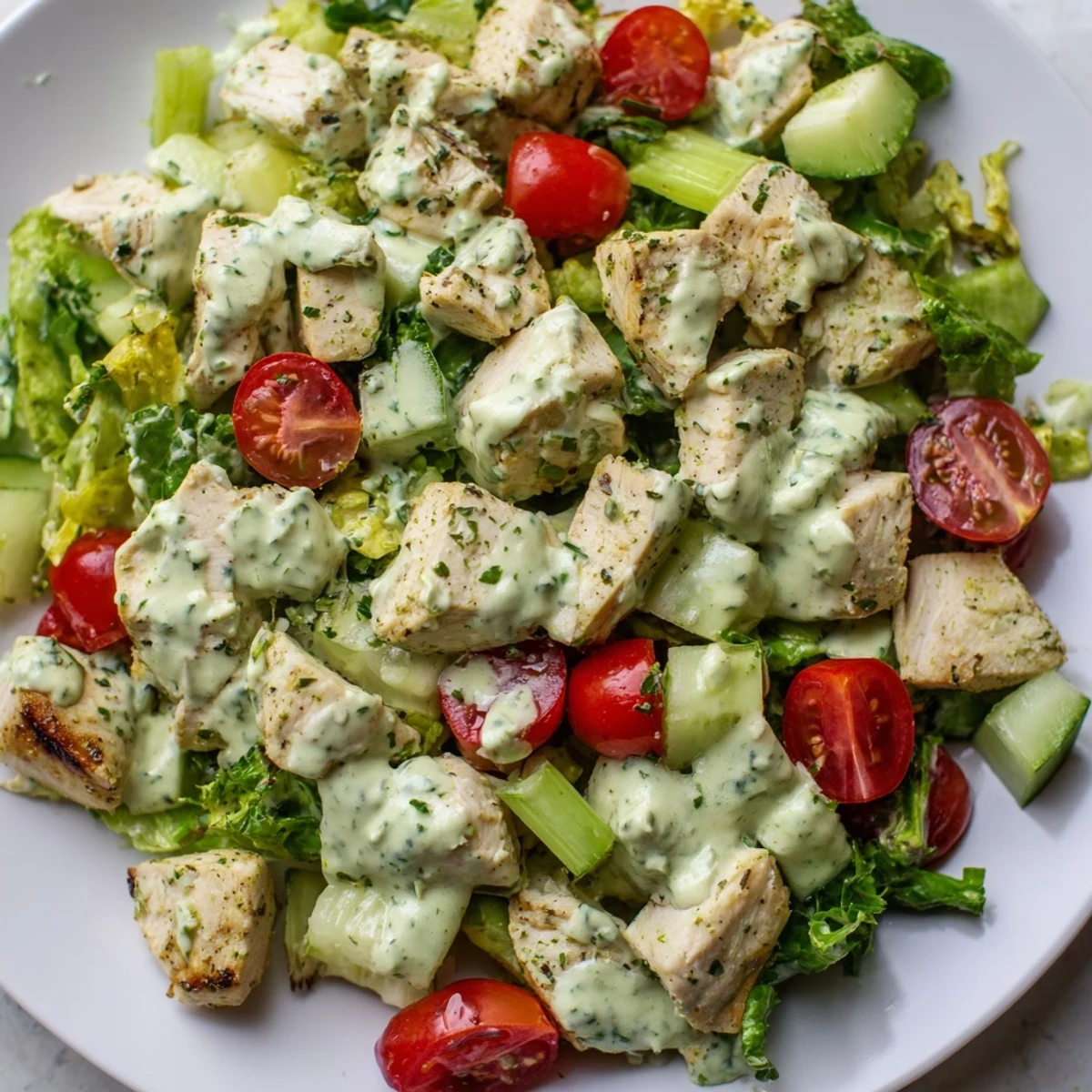 Grilled chicken chunks tossed in creamy avocado ranch dressing, served over crisp mixed greens, cherry tomatoes, and diced cucumber.
