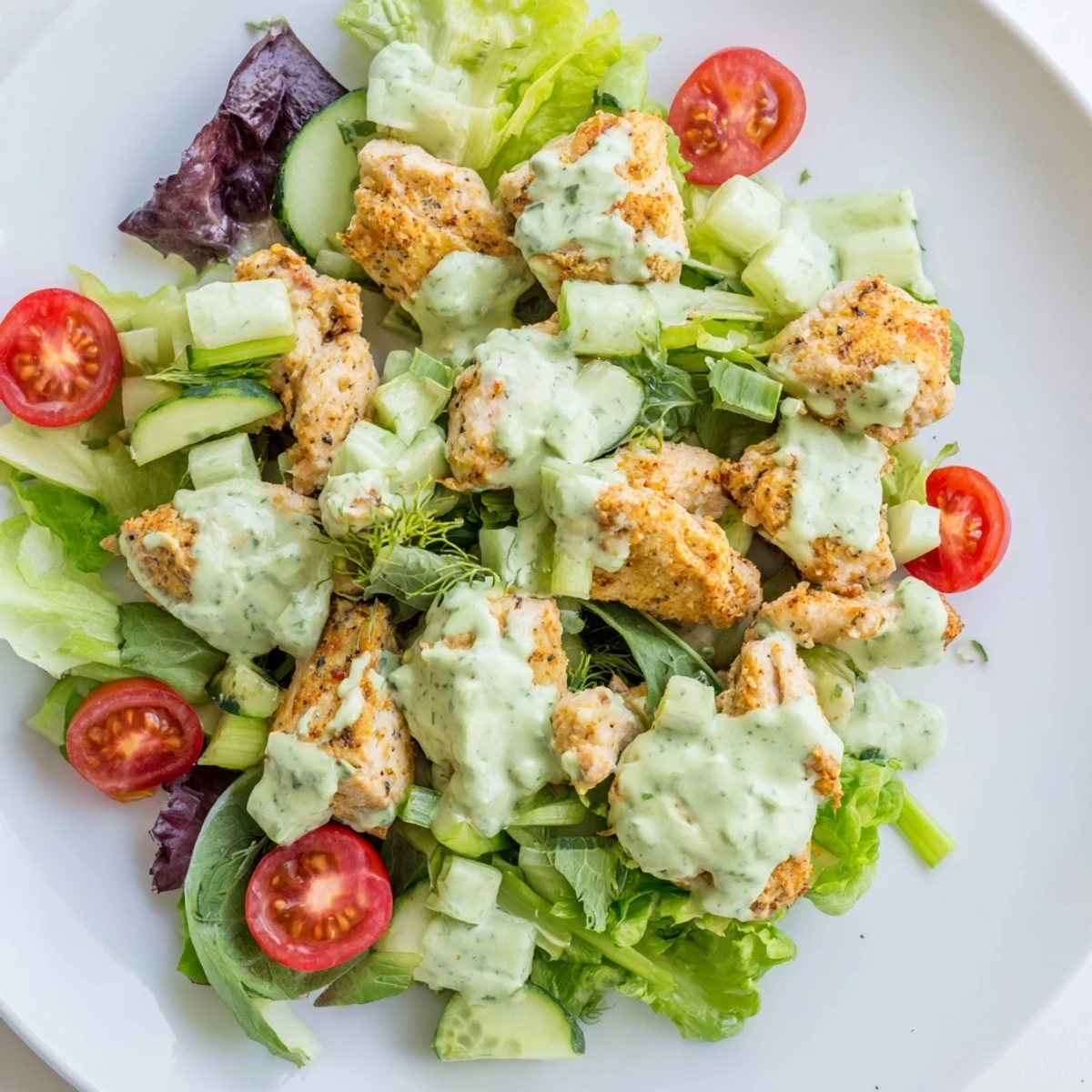 Hearty avocado ranch chicken salad with tender chicken, vegetables, and creamy dressing, perfect for a light lunch or dinner.