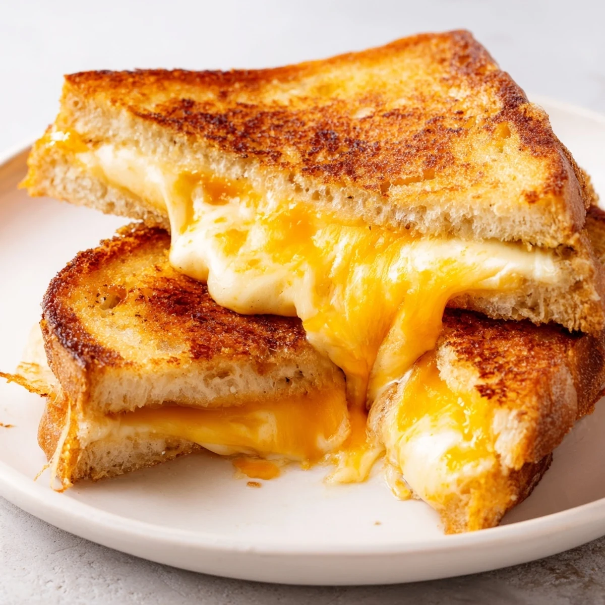 Close-up of a crispy, buttery Three-Cheese Grilled Cheese, showcasing gooey mozzarella, sharp cheddar, and provolone melting between slices of country-style bread.  