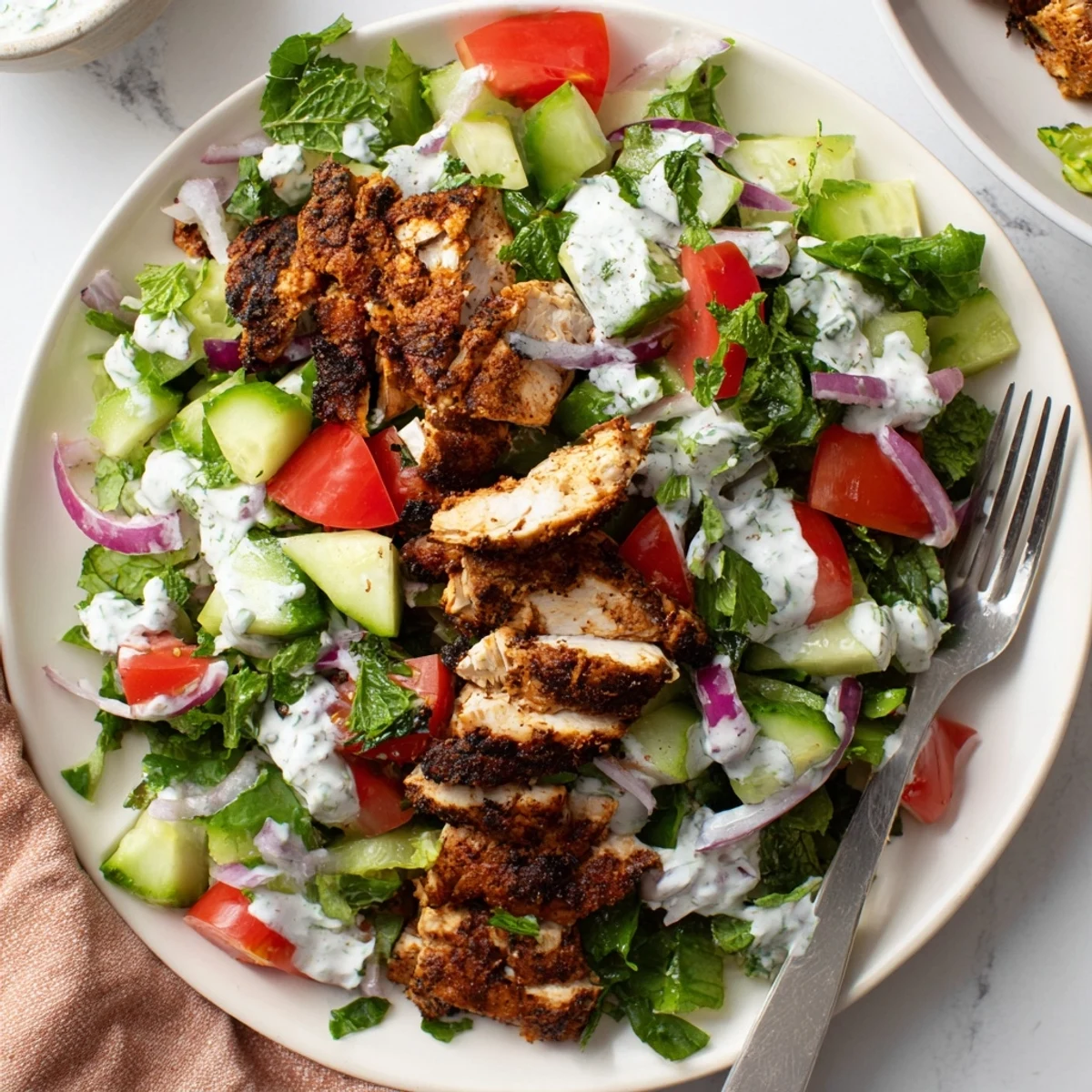 Freshly grilled chicken shawarma slices over a bed of crisp cucumber, tomato, and mixed greens, all drizzled with creamy Greek yogurt dressing.