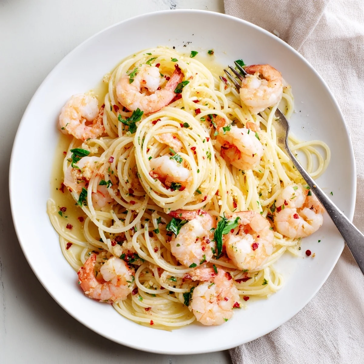 Freshly cooked Lemon Garlic Shrimp Pasta tossed with minced garlic, olive oil, and a sprinkle of red pepper flakes.