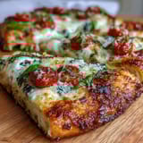 Close-up of Crispy Garlic Parmesan Naan Pizza featuring bubbling cheese, garlic butter edges, and a side of marinara dipping sauce.