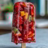 Refreshing strawberry daiquiri popsicles with vibrant fruit chunks and a hint of rum, perfect for summer parties.  