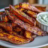 Healthy air fryer sweet potato fries seasoned with smoked paprika and paired with homemade garlic aioli for dipping.  
