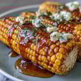 Garlic butter-drenched corn on the cob, juicy and fragrant, served hot with a sprinkle of fresh parsley.