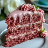 A pink velvet cake with rosé wine, decadently topped with a shimmering gold drip.
