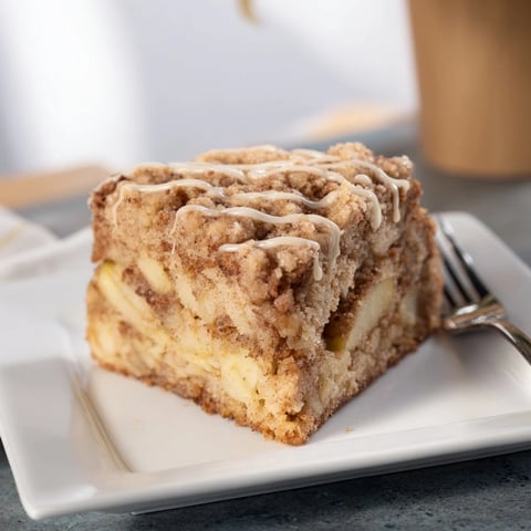 Warm Apple Streusel Coffee Cake adorned with golden streusel, inviting aromas of cinnamon and apple.  