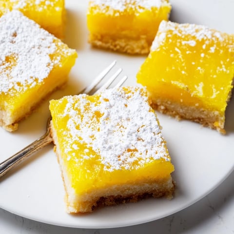 Bright lemon bars on a plate, showcasing a buttery crust and sweet dusting.