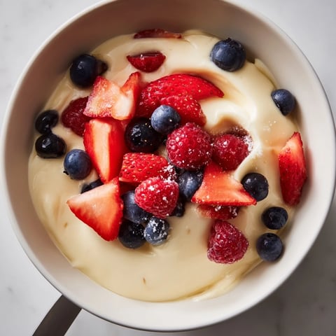 Creamy vanilla pudding topped with fresh berries offers a delightful dessert experience.  