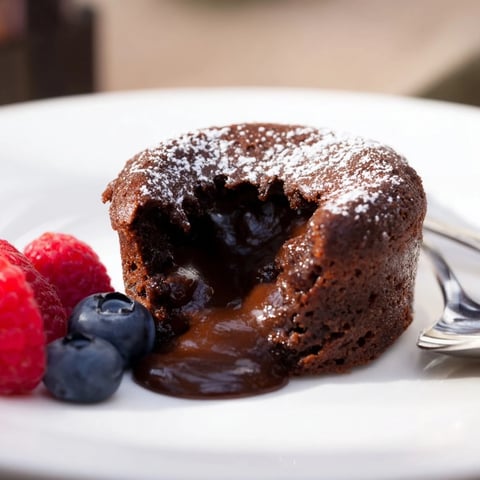 Decadent warm chocolate lava cakes, oozing with rich molten chocolate, ready to indulge.  