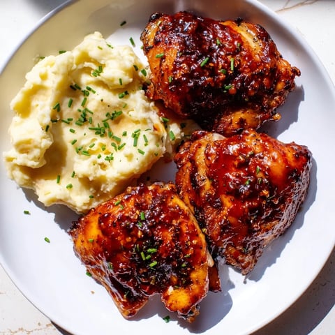 Golden honey BBQ chicken thighs glistening, served with fluffy garlic mashed potatoes for a hearty dinner.