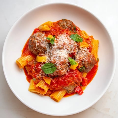 Italian Meatball Pasta Skillet, with melted cheese, offers a comforting, savory aroma and rich flavors.