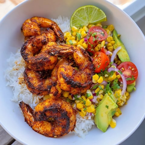 Sizzling blackened shrimp bowls with vibrant avocado salsa, served over fluffy rice, ready to enjoy.