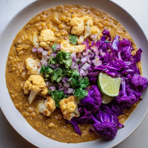Creamy Red Cabbage, Cauliflower & Coconut Dhal, ready to be served, garnished with fresh cilantro.