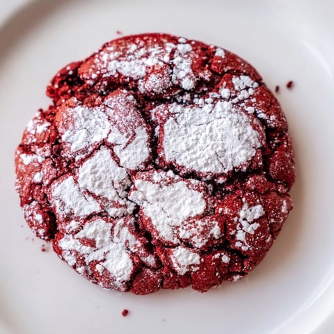 Warm, crackled Red Velvet Chocolate Crinkle Cookies dusted in powdered sugar, ready to eat.