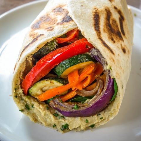 A vibrant Snowflake Hummus & Roasted Veggie Wrap, filled with colorful roasted vegetables and creamy hummus.