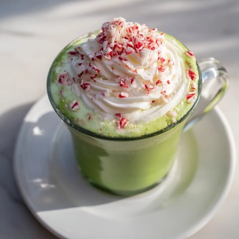 Steaming Cozy Peppermint Matcha Christmas Latte, topped with whipped cream and crushed candies, ready to enjoy.