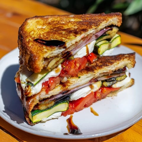 Sheet-pan roasted veggie Caprese grilled cheese with golden, bubbly cheese and vibrant roasted vegetables.