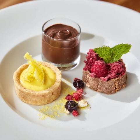 Elegant "Assiette de Desserts Starry Delight" offers miniature bites of chocolate mousse, tartlets, and financiers.