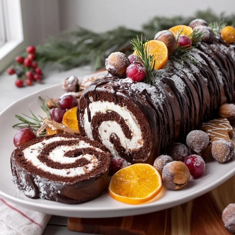 Fireplace Log Dessert Board featuring a rich chocolate roulade with warm winter dessert accompaniments.