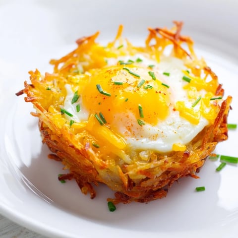 Golden, crispy Crispy Hashbrown Egg Nests with perfectly cooked eggs and melted cheese inside.